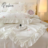 White Korean Princess Style Pink Rose Flowers Embroidery Ruffles Thin Summer Quilt Blanket Air