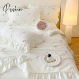 White Korean Princess Style Pink Rose Flowers Embroidery Ruffles Thin Summer Quilt Blanket Air