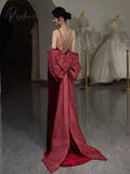 Wine Red Velvet Prom Dresses Spaghetti Strap Detachable Bow Train Mermaid Long Vintage Party Bride