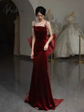 Wine Red Velvet Prom Dresses Spaghetti Strap Detachable Bow Train Mermaid Long Vintage Party Bride