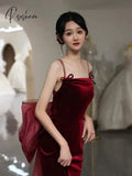 Wine Red Velvet Prom Dresses Spaghetti Strap Detachable Bow Train Mermaid Long Vintage Party Bride