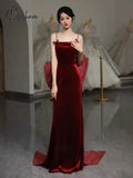 Wine Red Velvet Prom Dresses Spaghetti Strap Detachable Bow Train Mermaid Long Vintage Party Bride