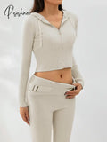 Women Cozy Ribbed Knit Lounge Set Long Sleeve Zip Up Hoodie With High Waist Wide Leg Pant 2 Piece