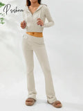 Women Cozy Ribbed Knit Lounge Set Long Sleeve Zip Up Hoodie With High Waist Wide Leg Pant 2 Piece