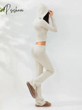 Women Cozy Ribbed Knit Lounge Set Long Sleeve Zip Up Hoodie With High Waist Wide Leg Pant 2 Piece