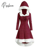 Women’s Christmas Hood Lace Up Midi Dress Pullover With Irregular Hem And Long Sleeves Xin-Shipping