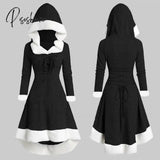 Women’s Christmas Hood Lace Up Midi Dress Pullover With Irregular Hem And Long Sleeves Xin-Shipping