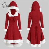 Women’s Christmas Hood Lace Up Midi Dress Pullover With Irregular Hem And Long Sleeves Xin-Shipping