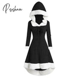 Women’s Christmas Hood Lace Up Midi Dress Pullover With Irregular Hem And Long Sleeves