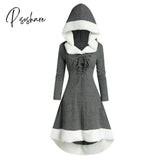 Women’s Christmas Hood Lace Up Midi Dress Pullover With Irregular Hem And Long Sleeves