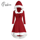 Women’s Christmas Hood Lace Up Midi Dress Pullover With Irregular Hem And Long Sleeves