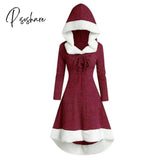 Women’s Christmas Hood Lace Up Midi Dress Pullover With Irregular Hem And Long Sleeves