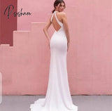 Women’s Long Mermaid Stretchy Wedding Dresses Criss Cross Back Court Train Satin Pleated Bridal Gown