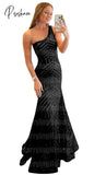 Women’s One Shoulder Sleeveless Prom Dresses Glitter Sequin Floor Length Formal Evening Dress