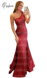 Women’s One Shoulder Sleeveless Prom Dresses Glitter Sequin Floor Length Formal Evening Dress