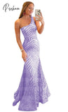 Women’s One Shoulder Sleeveless Prom Dresses Glitter Sequin Floor Length Formal Evening Dress