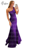 Women’s One Shoulder Sleeveless Prom Dresses Glitter Sequin Floor Length Formal Evening Dress