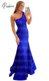 Women’s One Shoulder Sleeveless Prom Dresses Glitter Sequin Floor Length Formal Evening Dress