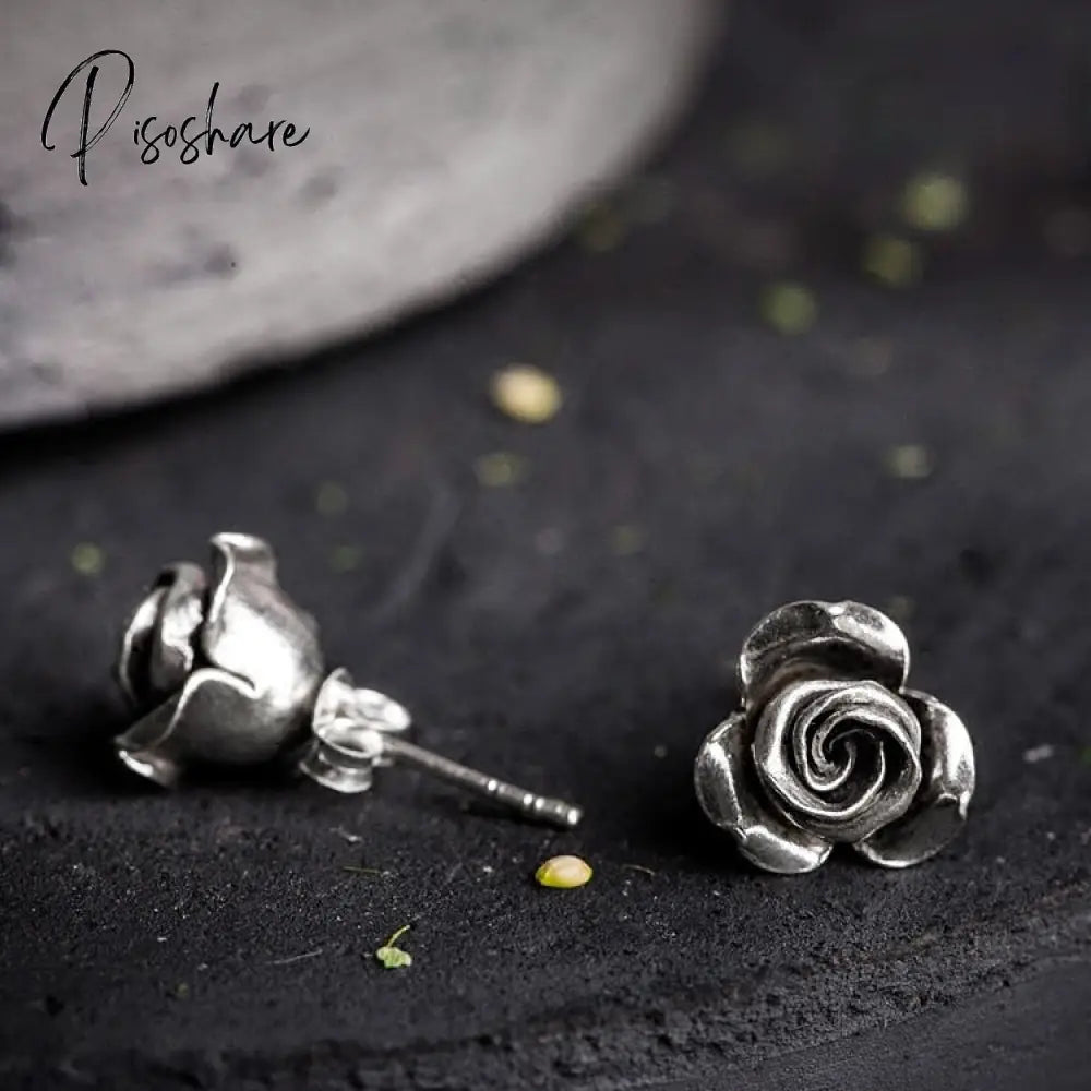 Women’s Silver Color Stud Earrings Vintage Rose Flower Shape Wedding Band Bridal Lover’s Gifts