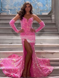 Long Mermaid Pink Sexy Sequin Arabic Evening Dresses 2023 Prom Dress Party Robe Femme Longue