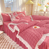 Pisoshare Kawaii Princess Seersucker Bedding Set For Girls Washed Cotton Korean Style Luxury Ruffle Lace Quilt Cover Queen Size Bed Skirt