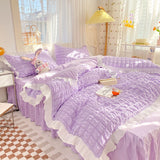 Pisoshare Kawaii Princess Seersucker Bedding Set For Girls Washed Cotton Korean Style Luxury Ruffle Lace Quilt Cover Queen Size Bed Skirt