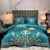 Pisoshare Blue Glossy Bedding Set Luxury Royal Gold Embroidery Satin Cotton Double Duvet Cover Fitted Bed Sheet Pillowcases Home Textile