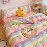 Pisoshare Kawaii Fashion Rainbow Bedding Set 100% Cotton Flat Bed Sheet And Pillowcases Luxury Korean Style Princess Full Queen Bed Sets