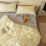 Korea Princess Style Ruffles Seersucker Sheet Pillowcase & Duvet Cover Sets 4pc Set Soft Washed Cotton Nude Sleeping Bedding Set
