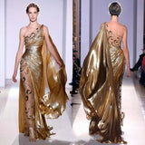 Couture Appliques Gold Evening Dresses  Long Mermaid One Shoulder with Appliques Sheer Vintage Pageant Prom Gowns