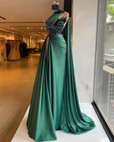 Pisoshare One Shoulder Dubai Satin Evening Dresses Long 2023 Luxury Bead Feather Shawl High Slit Green Women Formal Party Dress Prom Gowns