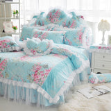 Pisoshare Princess Flower Print Bedding Set Cotton Blue Lace Duvet Cover Bedspread Bedsheet Ruffle Bedclothes Bed Skirt Home Textile