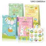 12pcs Easter Gift Bags With Stickers Cute Rabbit Food Cookies Packaging Candy Kraft Paper Boxes Happy Easter Party Decoration