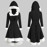 Women's Christmas Hood Lace Up Midi Dress Pullover with Irregular Hem and Long Sleeves XIN-Shipping