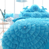 Pisoshare Luxury Princess Bedding Sets Korean Style Blue Lace Flowers Duvet Cover Bed Skirt Bedspreads Cotton Solid Color Home Textile