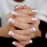Pearl Shine Pink French Nail White Round Fake Nails Short Glossy Satin Artificial Lady Fingernails with Adhesive