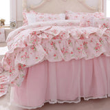 Pisoshare 100% Cotton Floral Printed Princess Bedding Set Twin King Queen Size Pink Girls Lace Ruffle Duvet Cover Bedspread Bed Skirt Set