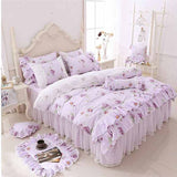 Pisoshare 100% Cotton Floral Printed Princess Bedding Set Twin King Queen Size Pink Girls Lace Ruffle Duvet Cover Bedspread Bed Skirt Set