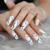 White Black Gradient Marble Press on False Nails Extra Long Ballerina Coffin Gel Glue On Fake Fingersnails Extention Tool