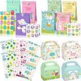 12pcs Easter Gift Bags With Stickers Cute Rabbit Food Cookies Packaging Candy Kraft Paper Boxes Happy Easter Party Decoration