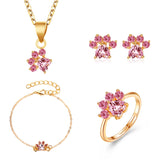 Pisoshare Cute Women's Jewelry Set Gold Plated Filled Pink Crystal Necklace Footprint Stud Earrings Pets Cat Clow Ring Birthday Gift