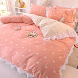 Pisoshare Ins Fashion Solid Cotton Bedding Set with Fitted Bed Sheet Cute Princess AB Double Sided Ruffle Quilt Cover Pillowcase Full Size