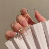 24pcs French Ribbon Decor White False Nails Pearl Crystal Design Press On Nail Mid Length Stiletto Manicure Patch False Nails