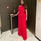 Long Red Pleated Jumpsuit Evening Dresses A-Line High Neck Floor Length Prom Dresses for Women