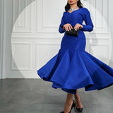 Elegant Short Royal Blue Taffeta Evening Dress With Sleeves Muslim Mermaid Tea Length Robe De Mariée Party Gown For Women