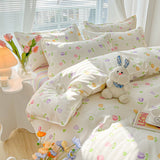 Pisoshare Kawaii Washed Cotton Bedding Set For Kids Girls Cute Print Duvet Cover Single Full Queen Size Flat Bed Sheets And Pillowcases