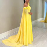 Vintage Long One Shoulder Yellow Evening Desses With Flower A-Line Floor Length Sweep Train Prom Dresses for Women