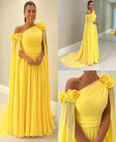 Vintage Long One Shoulder Yellow Evening Desses With Flower A-Line Floor Length Sweep Train Prom Dresses for Women