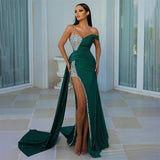 Dark Green Glitter Luxury Evening Dresses Dubai Satin Mermaid Side Split One Shoulder Prom Dress Arabia 2023 Party Gowns Saudi