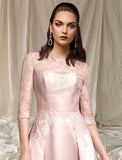Mother of the Bride Dress Elegant Jewel Neck Tea Length Lace Satin Half Sleeve with Pleats vestidos para bodas mujer invitada